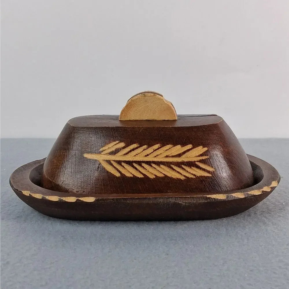 Dark Brown Oval Wooden Trinket Tray with Lid Wheat Carved on Lid